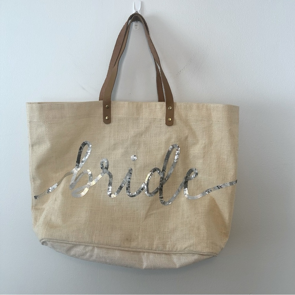 Mud Pie Bride Silver Sequin Cursive Jute Leather Handle Tote Bag OS